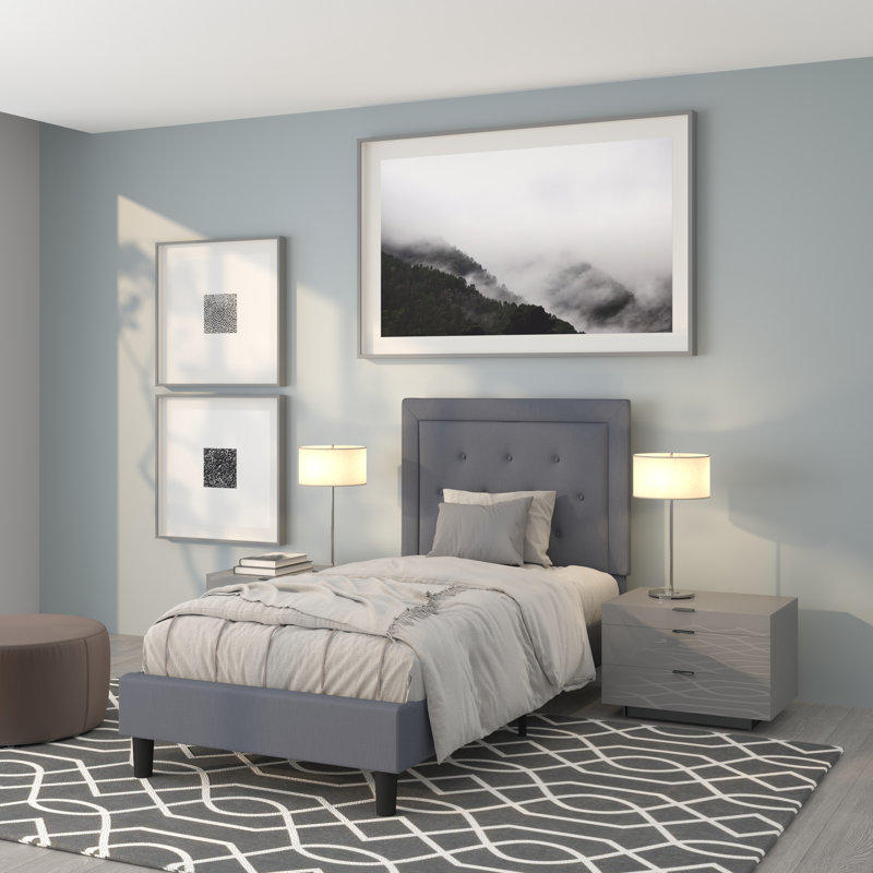 Aluino Panel Button Tufted Upholstered Platform Bed Frame - No Box Spring Required, Dark Gray, Twin