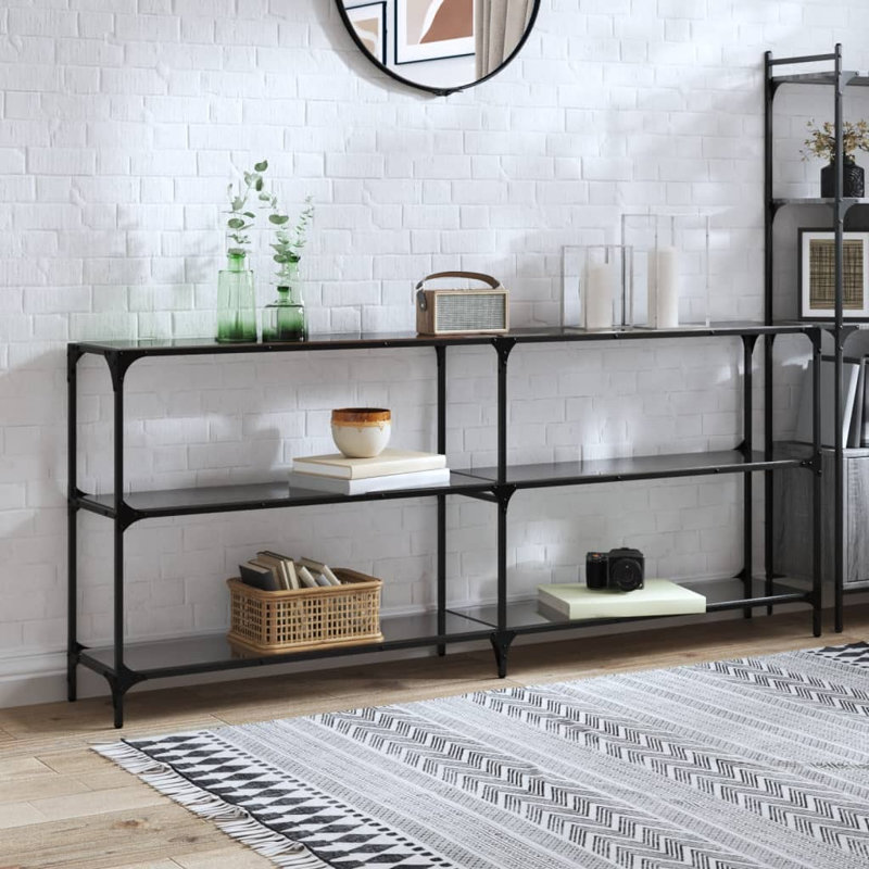Console Table With Glass Top Steel, 81cm H x 194.5cm W x 30cm D, Black Glass