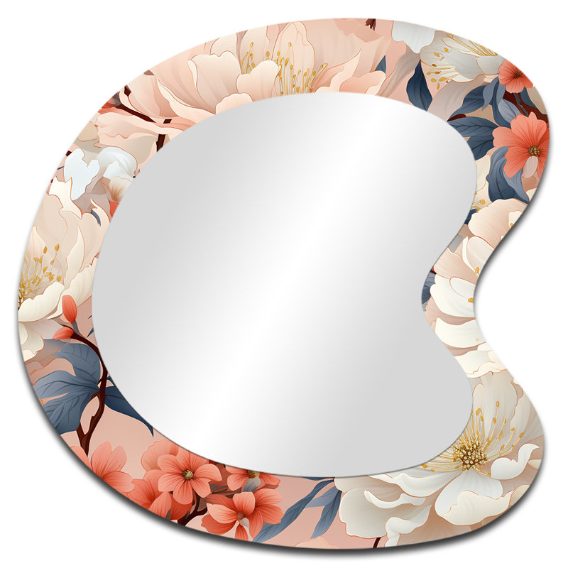 Motif botanique de jardin japonais japonais - miroir asymétrique floral, miroir mural décoratif de forme libre rose, impression d'art en métal