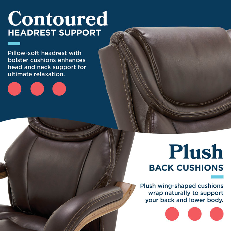 Luxury Coffee Brown Leather Executive Swivel Office Chair with Wood Base