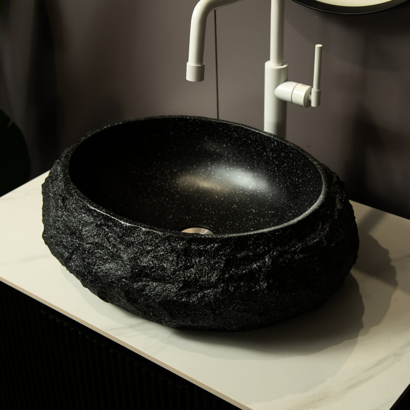 Lavabo de salle de bain 18 po, bassin ovale irrégulier en résine avec motif de pierre, gris foncé, design artistique, entretien simple, 3 choix de couleurs personnalisées, pas de robinet, bouchon de drain de lavabo sans trou de trop-plein