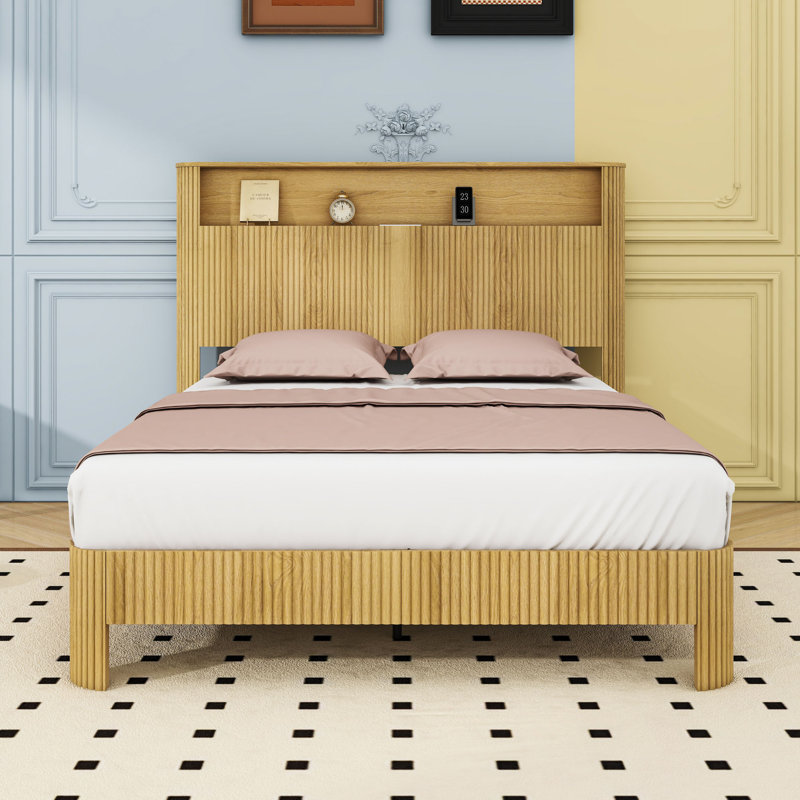 Lit plateforme Wave-Design avec station de charge intégrée et tête de rangement, Double XL, Naturel