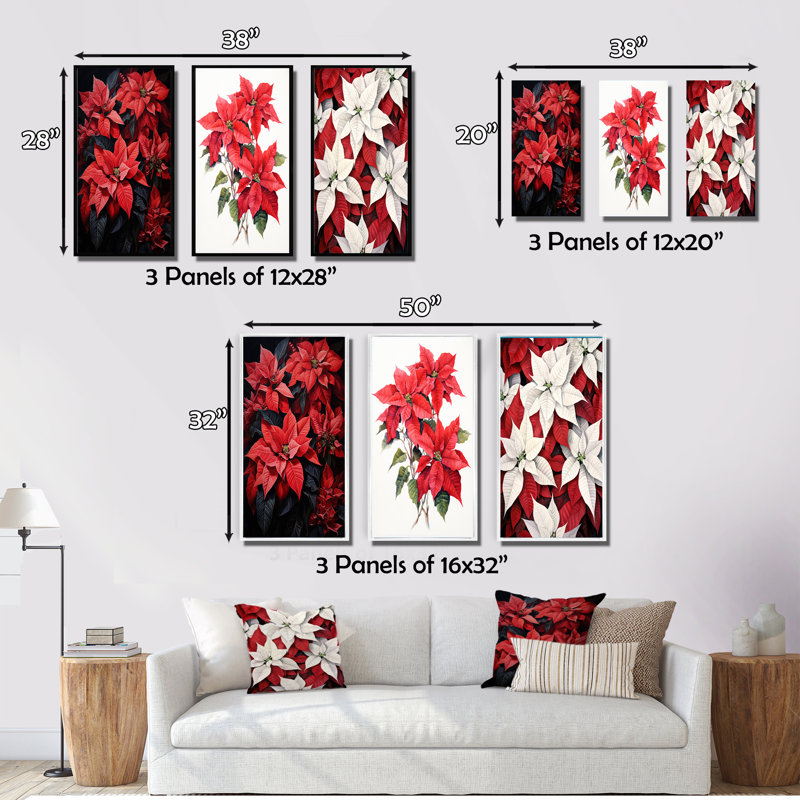 «Poinsettia Flower Noir», 3 pièces sur toile, Cadre flottant doré, H 20 po x l 36 po