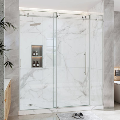 Porte de douche coulissante sans cadre 73 "à 78" x H 76 "en or brossé avec verre trempé transparent 1/4", 3 panneaux de verre