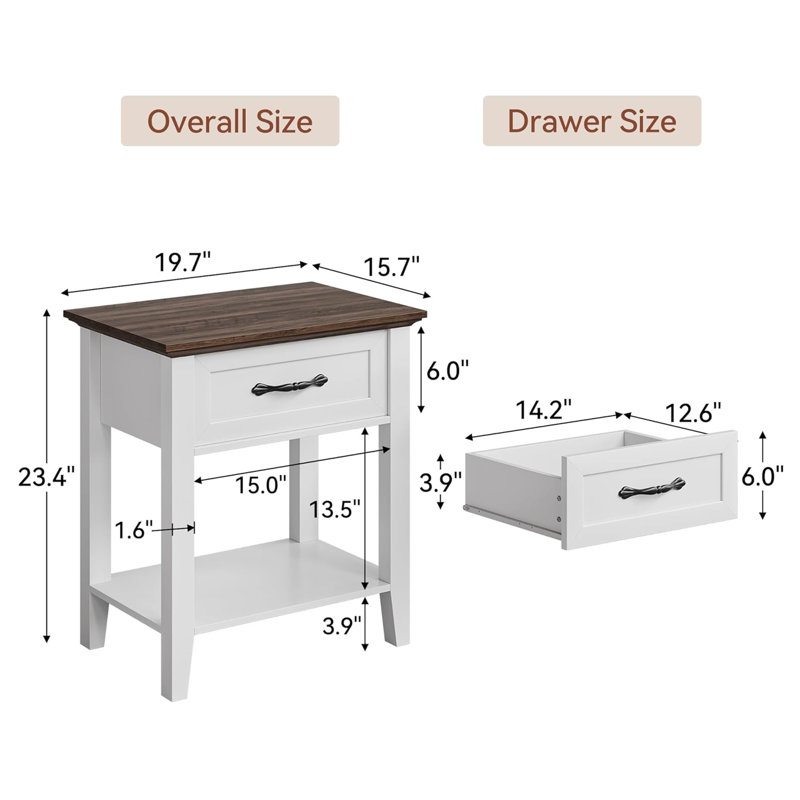 End Table With Drawer, Side Table For Living Room, Set of 2, White/Brown