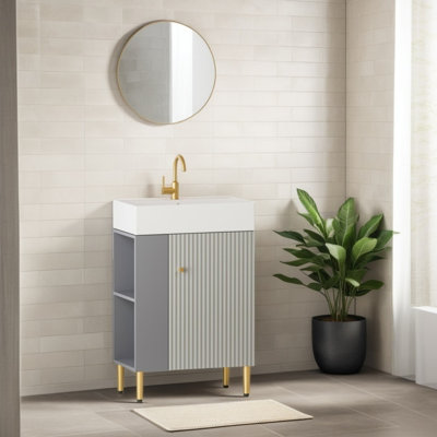 21.6" Contemporary Bathroom Vanity With Ceramic Sink, Soft-Close Door & Left-Side Open Shelving, Gray