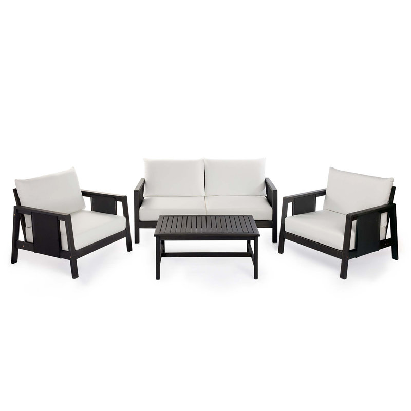 Ensemble de canapés d'extérieur 4 pièces avec coussins hydrofuges, structure en bois d'acacia, décorations en textilène et table basse assortie pour un patio, une terrasse ou une cour.