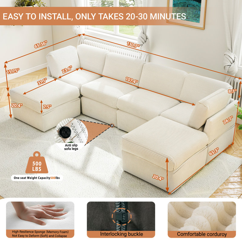 Joko 130.7" 6-Seater Corduroy Reversible Modular Corner Sectional Sofa with Ottoman U-Shape, Beige Corduroy