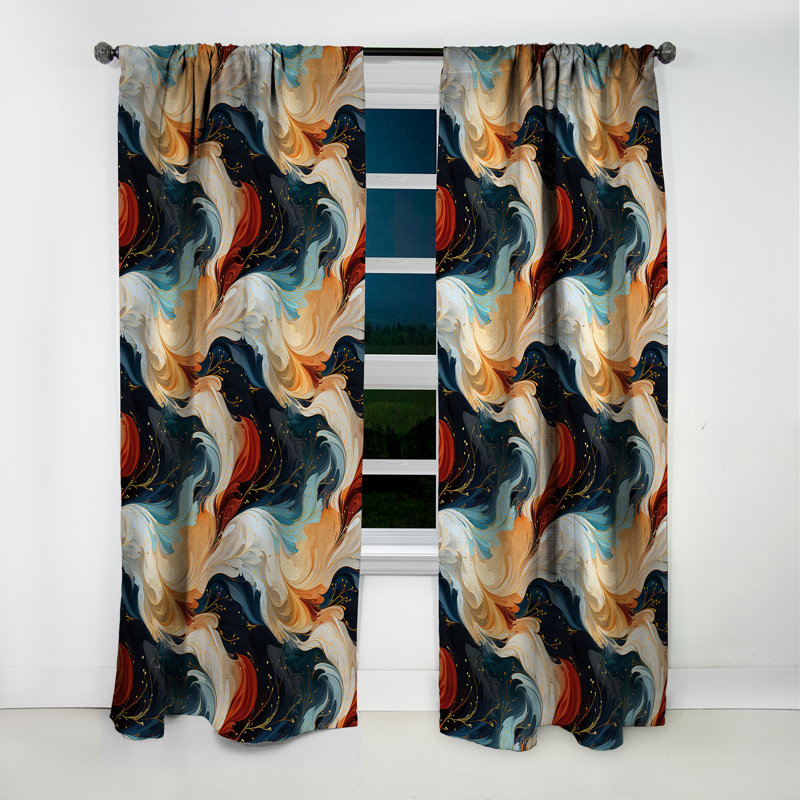 Rideau occultant orange et bleu sarcelle en marbre Bohemian - 1 panneau, L 52 po x L 90 po