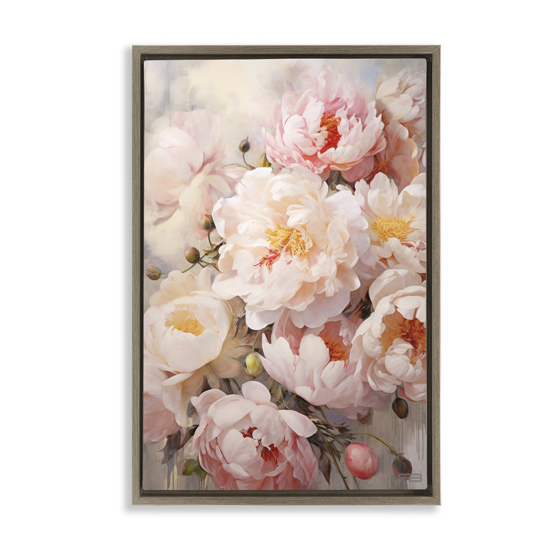 Collage de pivoines roses, toile flottante brune encadrée par Roozbeh Bahramali