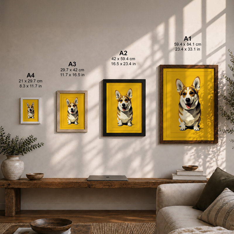 Friendly Corgi Portrait Modern - Framed Print, A1 - 84.1 x 59.4 cm, Black