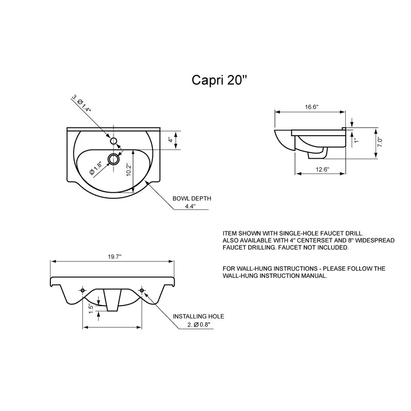 Capri 20" Wall-Hung Ceramic Top In White, 4" Centers