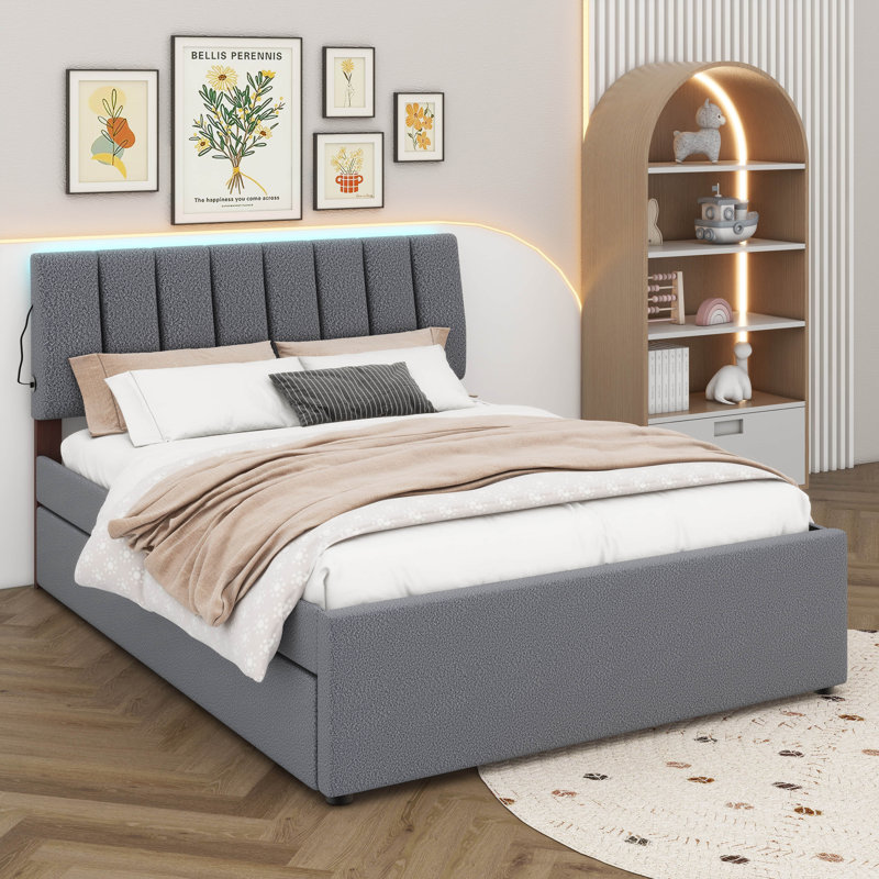 Lit plateforme tapissier Teddy, Gris, Double