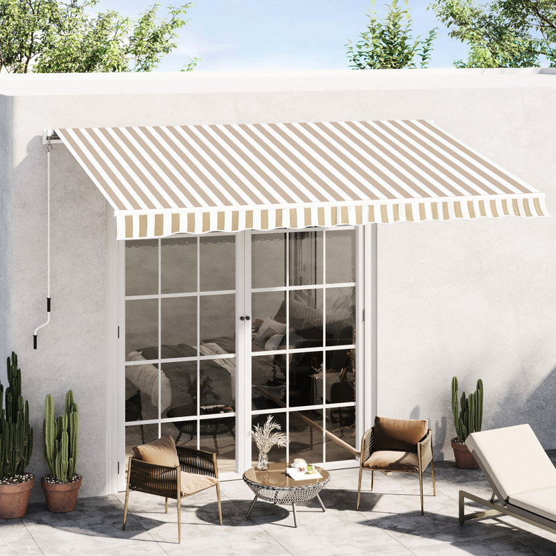 Auvent de patio rétractable 12 po x 10 pi et toile à eau, manivelle manuelle, structure en aluminium, pour terrasse, balcon, cour, eau beige, blanc 280 G / m²