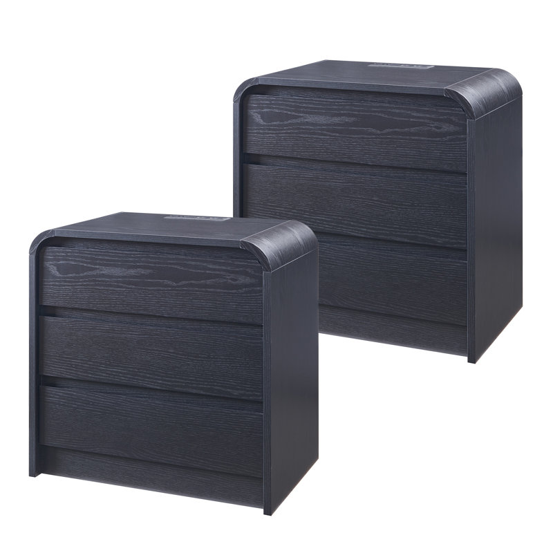 Maud 25" Tall Modern Nightstand with Charging Station, 23.6" Wide Wood Bedside Table w/3 Storage Drawers (Set of 2), Black, 2