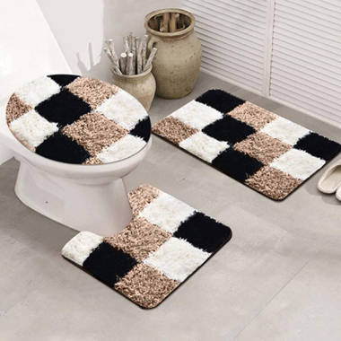 alabatis + Neutral waffle fringe bath mat made of half linen