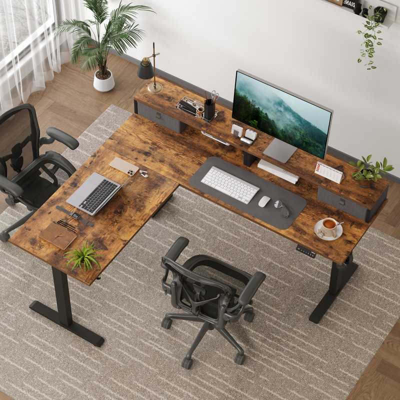 Bureau debout électrique en L de 63 po avec 2 tiroirs, bureau ergonomique à hauteur réglable en coin, table d'ordinateur avec rangement pour la maison et le bureau