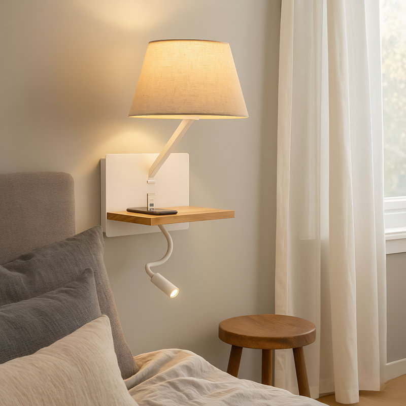Artin Modern Reading Wall Light With Usb & Usb-c Ports, Adjustable Led Spotlight, Fabric Shade And Wood Shelf, White