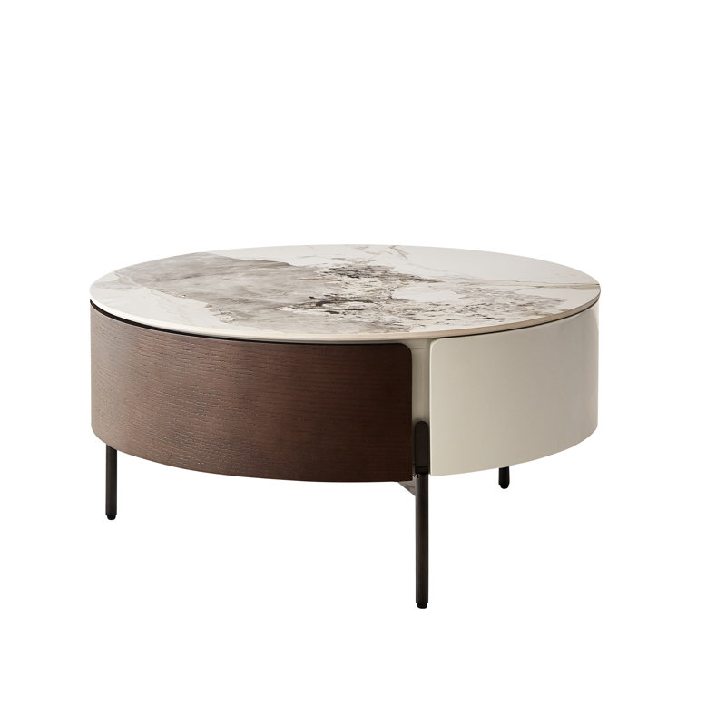 Table basse moderne et élégante avec tiroirs, plateau en céramique, pieds en métal, salon de table en pierre frittée blanche pour la décoration intérieure