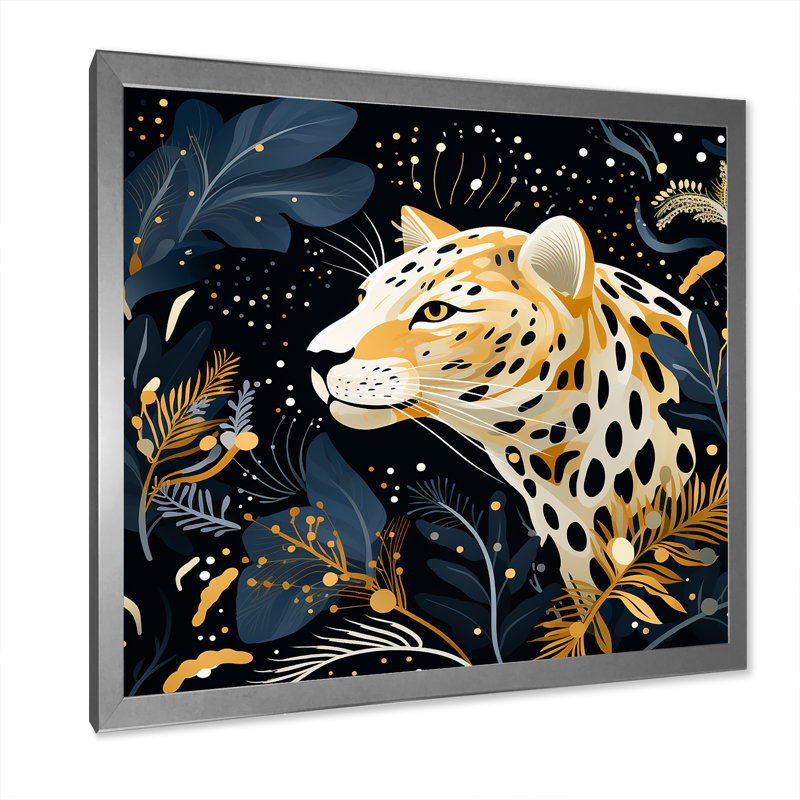 Collage de léopard jaune et bleu I - art mural léopard / guépard, Cadre simple argenté, H 16 po x l 16 po x P 1 po