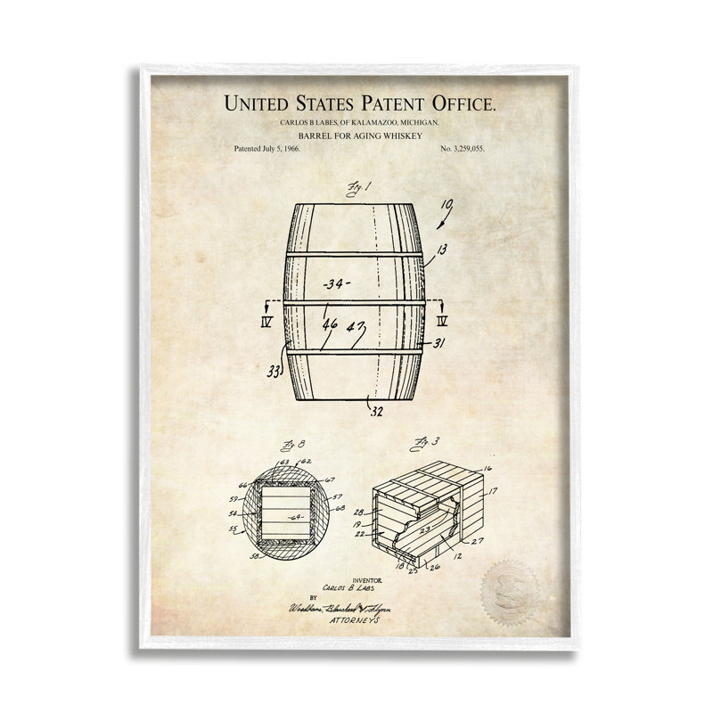 Conception de brevet de whisky vieilli en baril de liqueur, L 24 po x H 24 po, Giclée encadrée blanc bord de mer