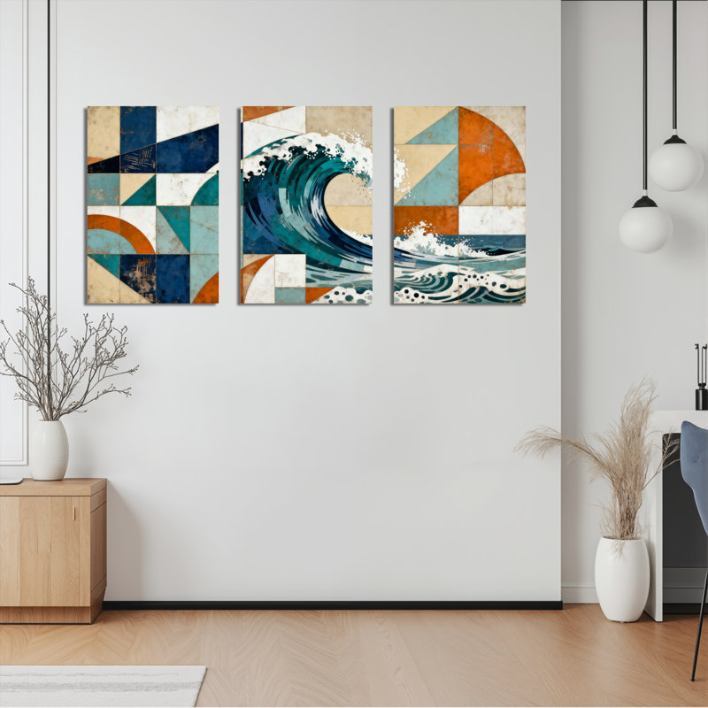 Motif de vagues géométriques, reproduction d'art sur toile tendue sur toile (ensemble de 3), H 18 po x l 36 po