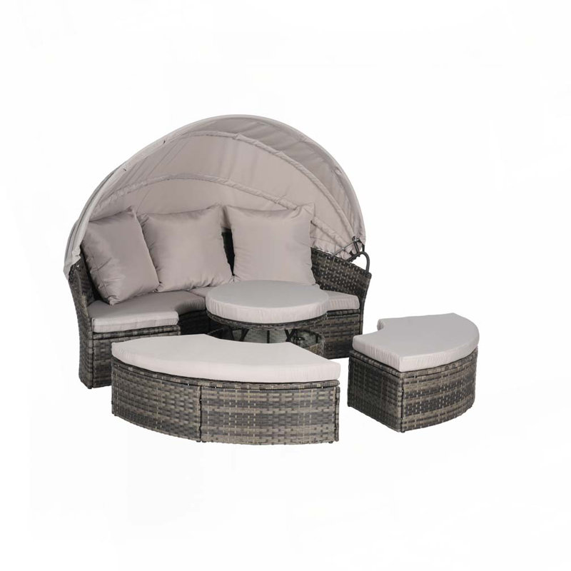 Ensemble de conversation pour patio 5 pièces, ensemble de conversation en osier avec auvent rétractable 5 pièces, Gris clair