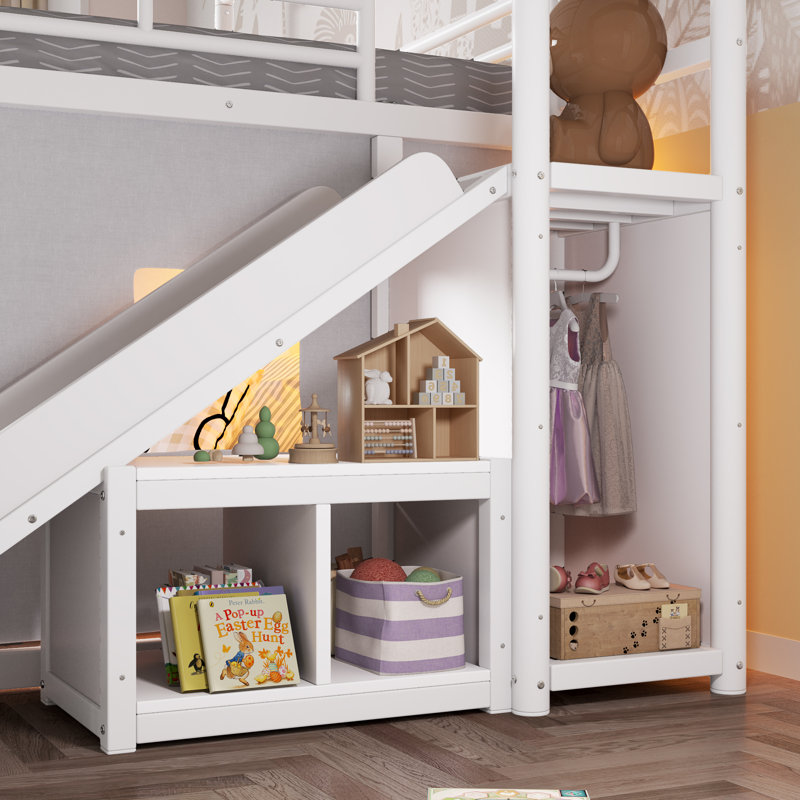Lit superposé en métal avec glissade, échelle, lumière DEL, rideau et armoire de rangement, blanc., Blanc