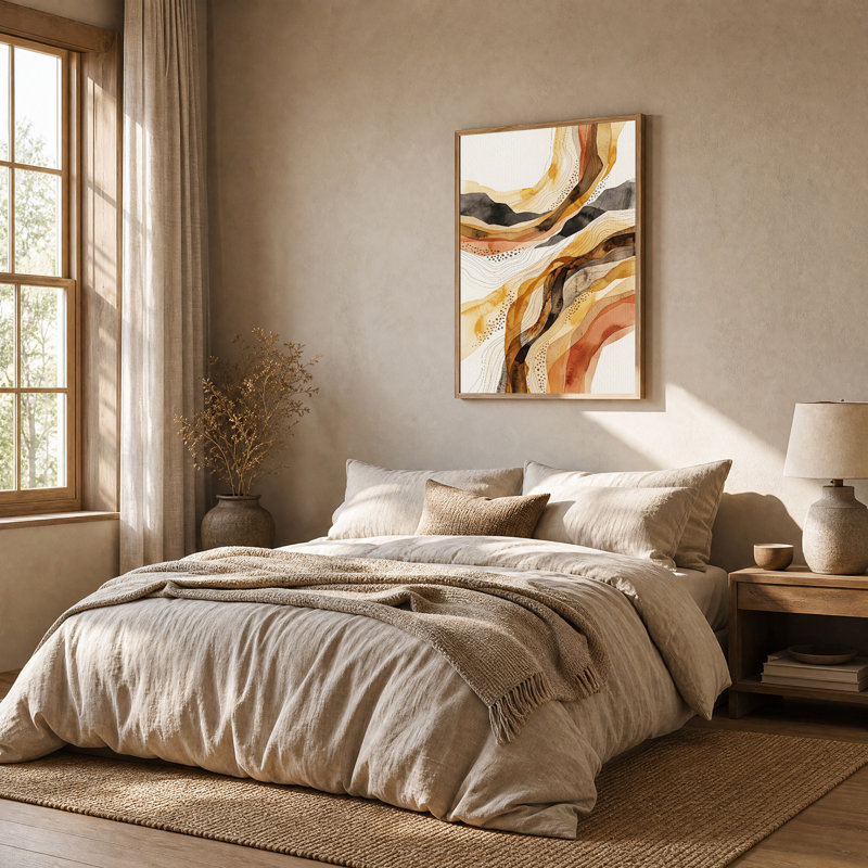 Tableau abstrait sur toile à motifs de vagues topographiques ocre et rouille, H 36 po x l 24 po