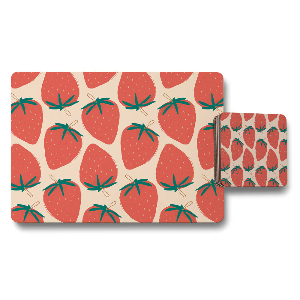 Strawberry Pattern Placemat And Coaster Set For Table Decor