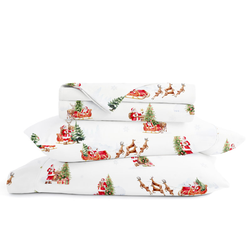 Ensemble de draps des Fêtes, motif de père Noël rétro, literie pour très grand lit, King Sheet Set with 2 Pillowcases