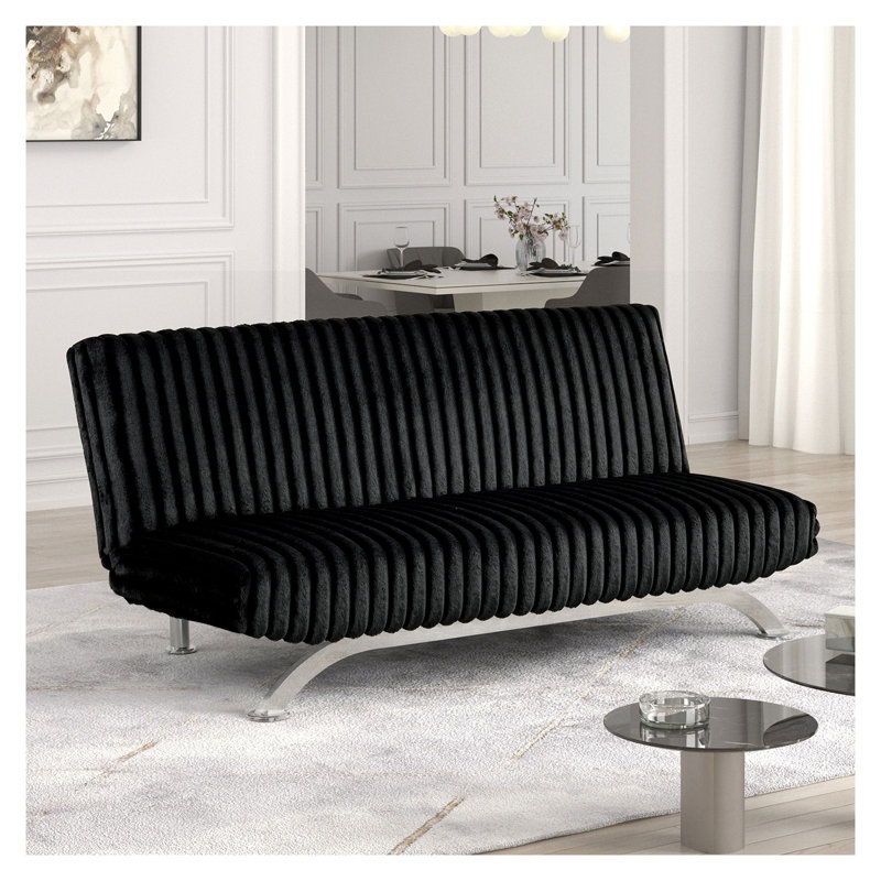 Canapé-lit futon contemporain noir avec base en métal chromé et structure en bois d'ingénierie, Black