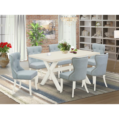 Ensemble de salle à manger 7 pièces AD69DCB510749D693D8CC5C086C27B2 - 6 chaises rembourrées - Plateau de table rectangulaire et pieds croisés en bois (finition lin blanc)
