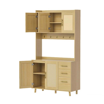 71" Rattan Kitchen Pantry Storage Cabinet with Microwave Stand, 3 Drawers, Adjustable Shelves and 6 Hook by Dakota Fields