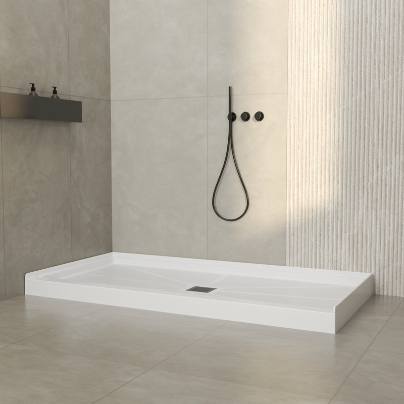 60" W x 30" D Rectangular Shower Base with Center Drain, Slip-Resistant Surface