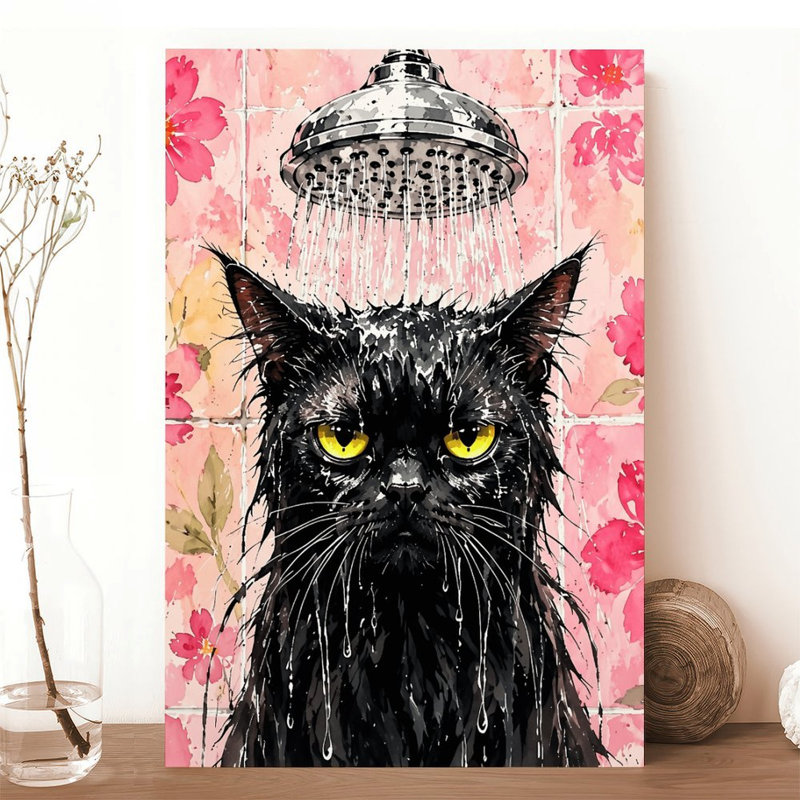 Toile, art mural, chat noir, rose, décoration de salle de bain, affiche rétro, décoration intérieure, 12 po x 18 po