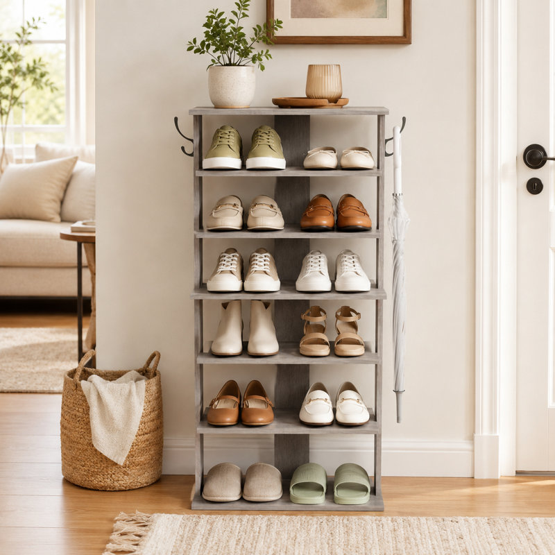 Tour de rangement à chaussures verticale à 7 niveaux avec crochets pour 12 à 14 paires pour placard d'entrée et petits espaces Rustic Gray