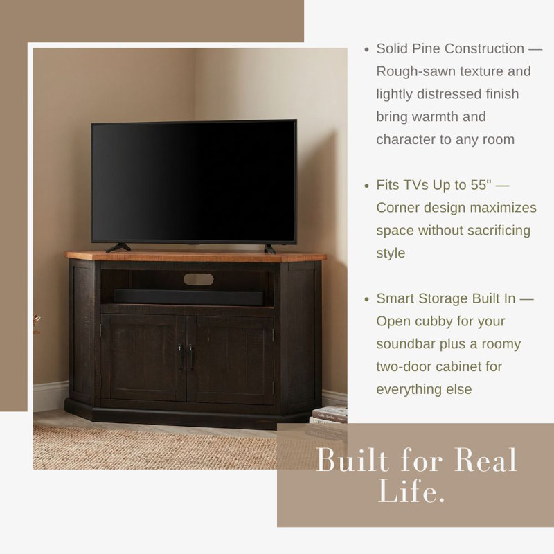 Kinsella 50" Solid Wood Corner TV Stand with Storage, Antique Black/Honey Tobacco