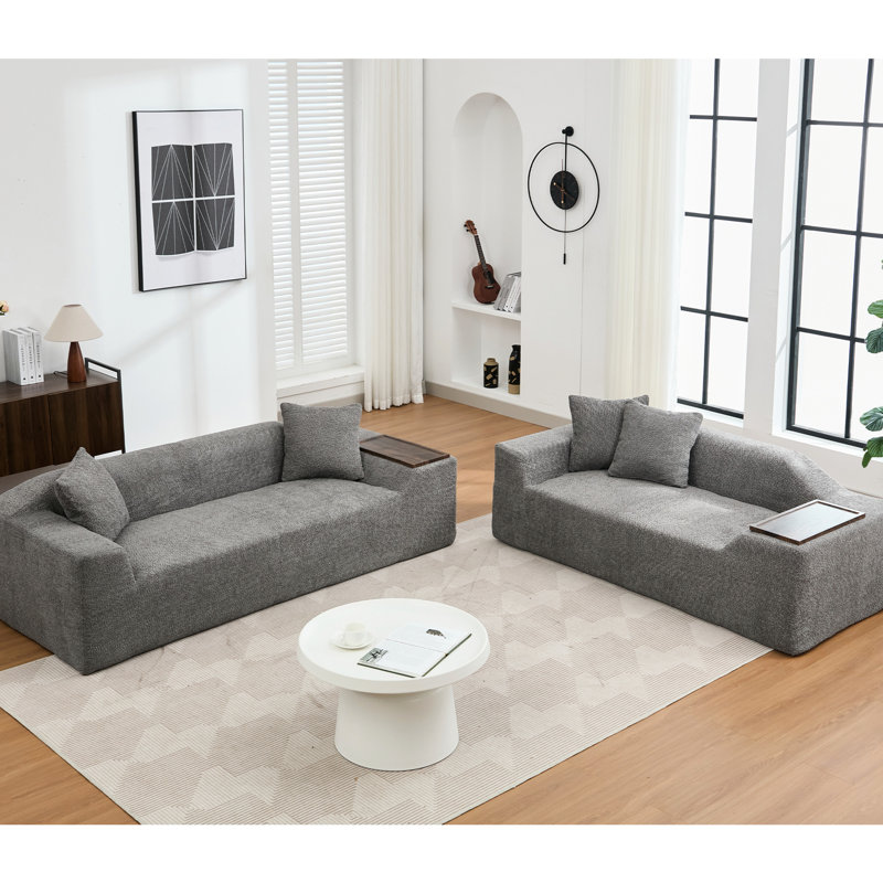 Boucle gris foncé - 3 places et 2 avec coussins confortables, table de bout pour le salon, design moderne, table, option agréable