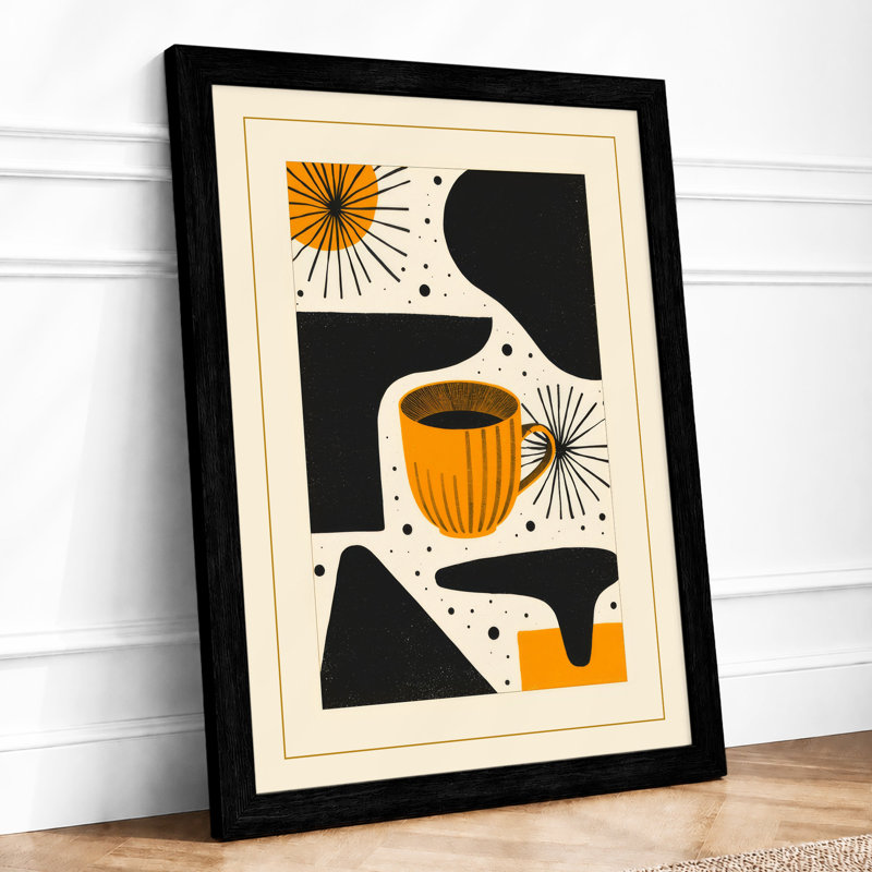 Modern Cup and Starbursts Mid-Century - Framed Print, A1 - 84.1 x 59.4 cm, Black