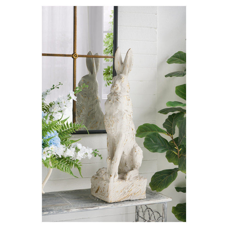Grande figurine de lapin assis en oxyde de magnésium avec finition blanc antique et base piédestal