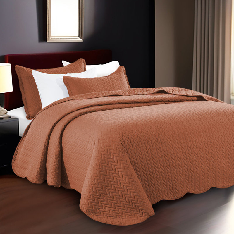 Microfiber Embossed Oversized Modern & Contemporary Bedspread Set With Shams, Rust, Twin Bedspread + 1 Pillowcase