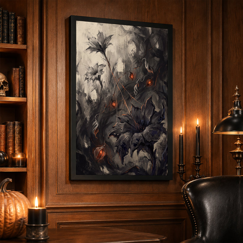 Toile murale d'Halloween avec des fleurs abstraites gris foncé et des reflets orange., H 30 po x l 20 po