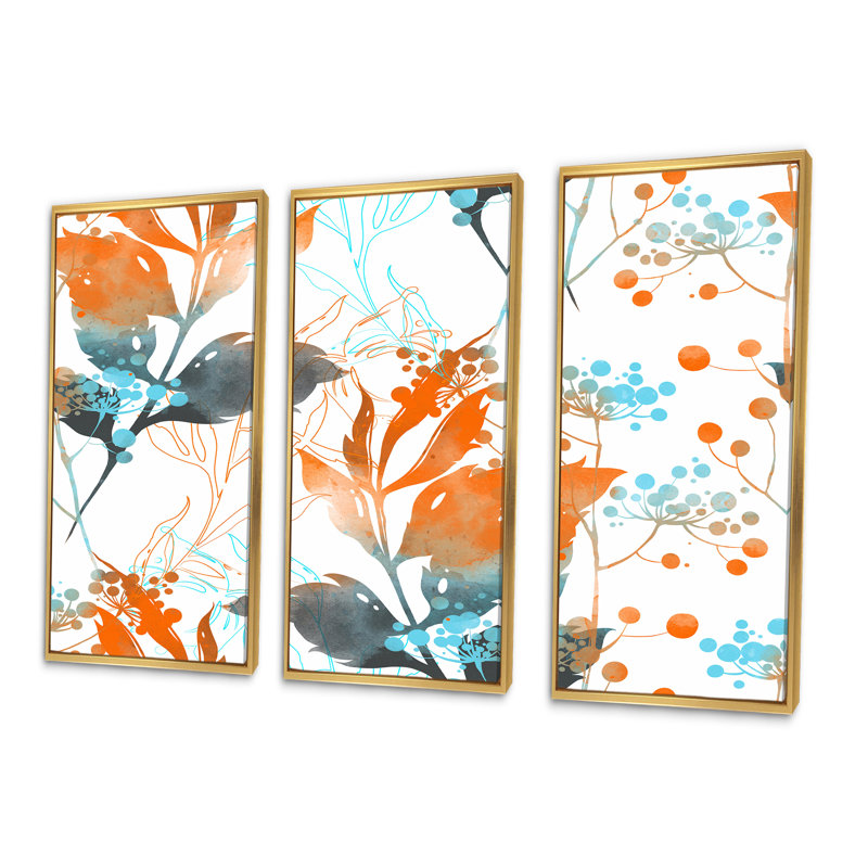Boho orange et feuilles bleues - ensemble d'art mural sur toile traditionnel encadré de 3