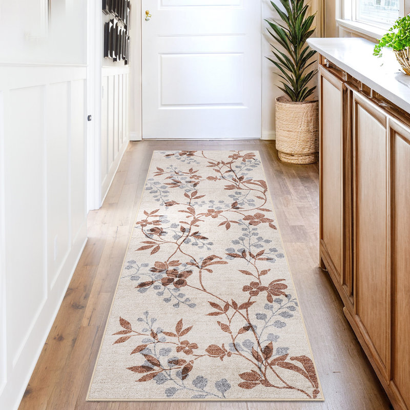 Floral Machine Washable Rug with Non-Slip Backing, Stain-Resistant Soft Low Pile Floor Mats, Foldable Farmhouse Indoor Carpet for Bedroom, Nursery