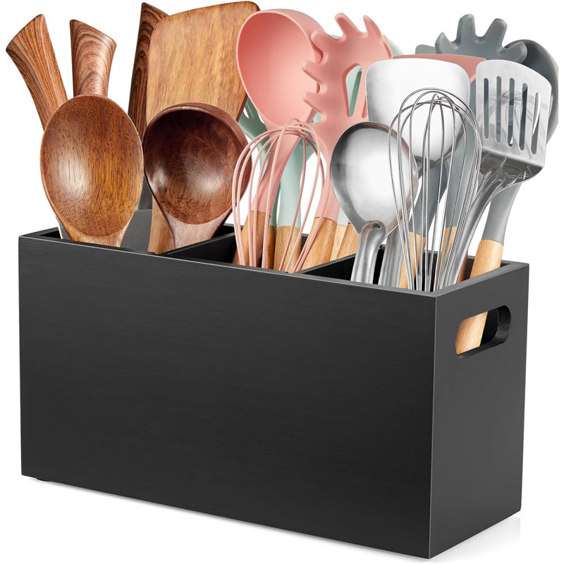 Black Kitchen Utensil Holder For Countertop - Wooden Large Utensil Caddy Organizer For Counter - 3 Compartment Cooking Utensil Crock For Silverware Spoon Spatula