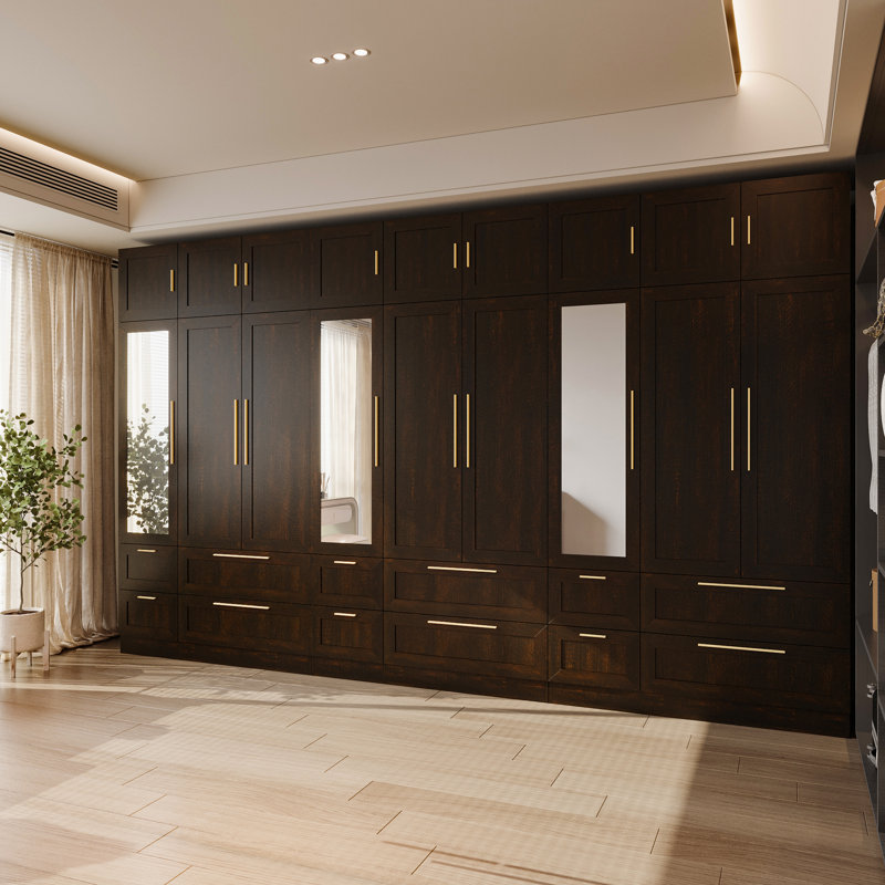 Spacious Three-Piece Closet System With Mirror, Drawers & Gold Handles, Espresso Wood