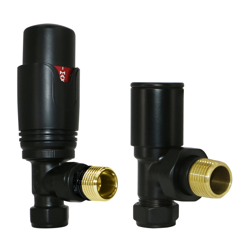 Thermostatic TRV Radiator Heated Towel Rail Valves Angled 15Mm X 1/2" Pair, Black