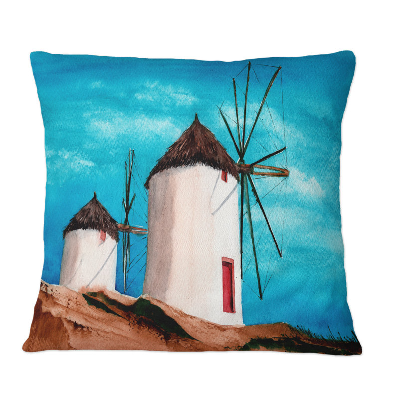 Two White Windmills Under Thatched Roofs - Industrial Printed Throw Pillow, 16" x 16"