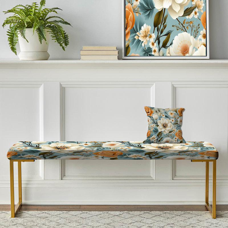 Floral Upholstered Gold Bench, Orange Rustic Elegance Floral Pattern II